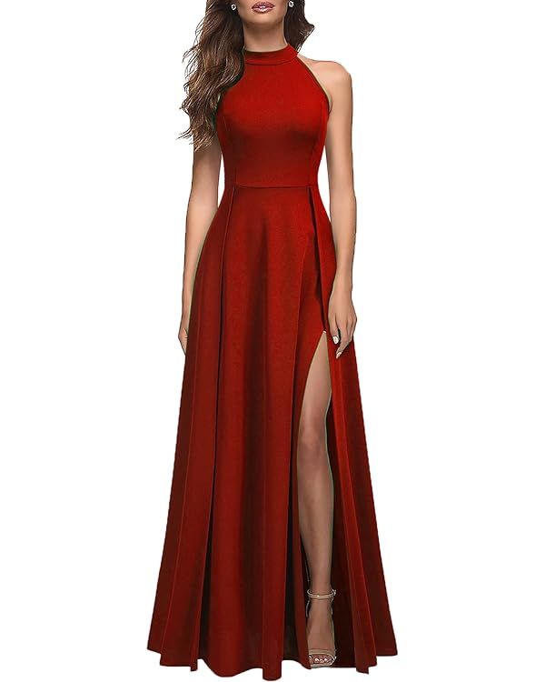 MUSHARE Women's Halter Neck Sexy Split Cocktail Party Maxi Long Formal Dress | Amazon (US)