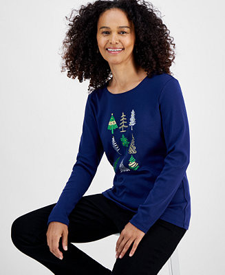 Holiday Lane Women's Festive Tree Long-Sleeve Top, Created for Macy's - Macy's | Macy's