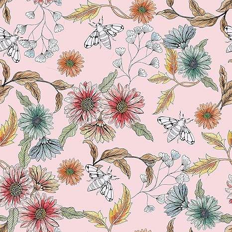 VEELIKE Buzzing Bees Daisy Floral Wallpaper Peel and Stick Removable Pink Wallpaper for Bedroom G... | Amazon (US)