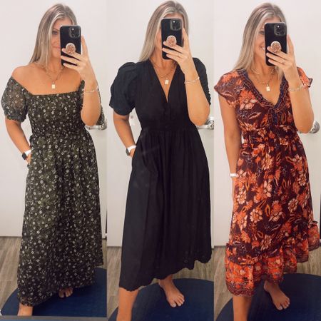Really pretty fall dresses at old navy right now! These are all 50% off! I’m wearing a small in the green (but need XS - too much volume at the bottom for me) // size S in black - that one is true to size // XS in the last floral 