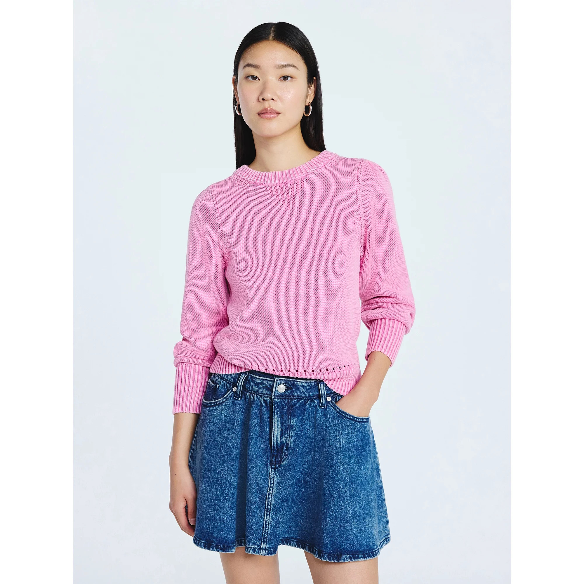 Scoop Women’s Acid Wash Cotton Sweater with Long Puff Sleeves, Midweight, Sizes XS-XXL | Walmart (US)