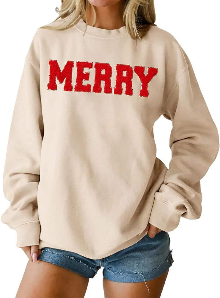 IZYJOY Christmas Women's Merry Graphic Sweatshirt Chenille Patch Letter Printed Crewneck Xmas Gifts  | Amazon (US)