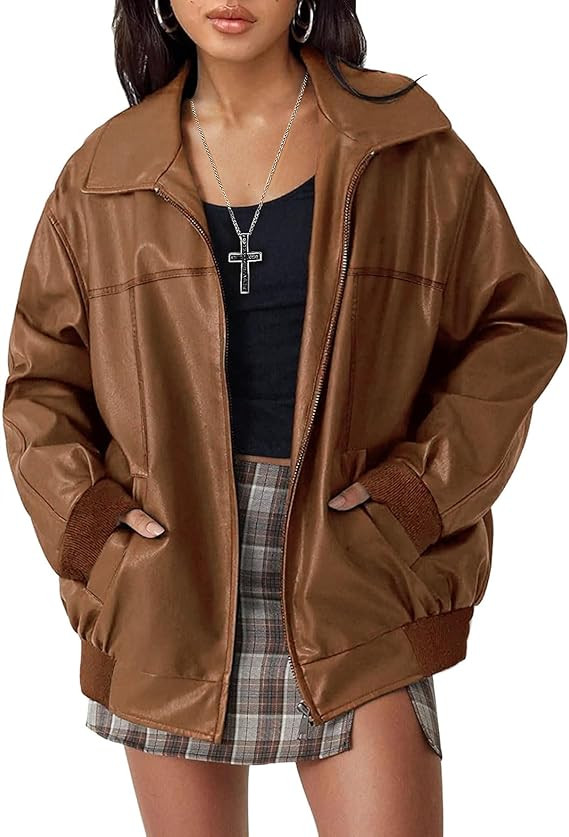 Women's Faux Oversized Leather Jacket Zip Up Motorcycle Bomber Spring Jackets 2026 Vintage Y2K To... | Amazon (US)