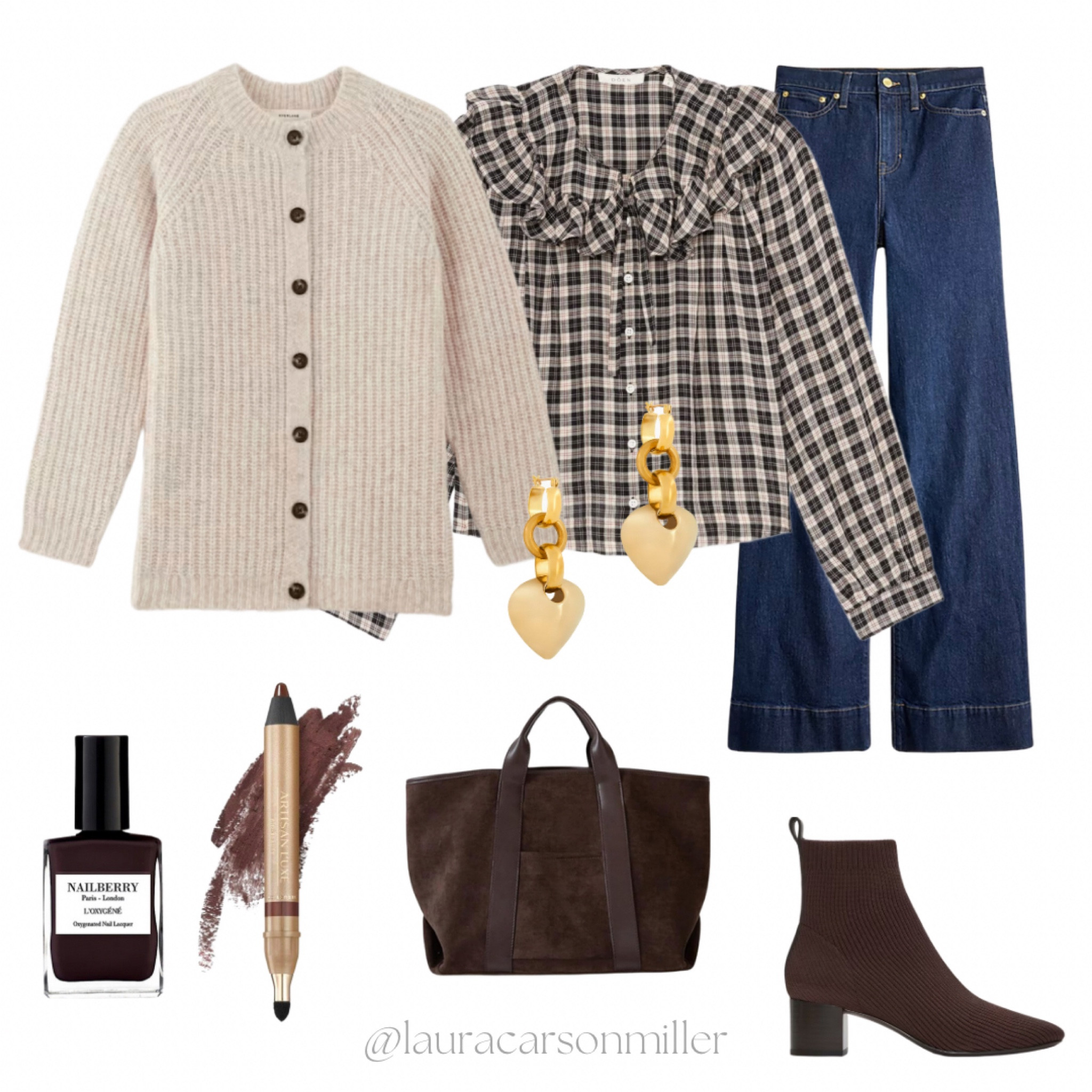 Plaid blouse with ruffle collar and tie neck details looks casually chic with trouser jeans and chocolate brown accessories. 
Trouser jeans, jeans, ankle boots, chocolate brown, accessories, tote bag, eyeliner pencil, brown nails, heart earrings, cream cardigan, button front cardigan, Laura carson miller 

#LTKFindsUnder50 #LTKItBag #LTKBeauty
