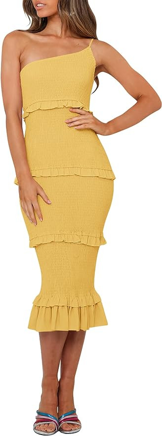 PRETTYGARDEN Womens Floral Summer One Shoulder Strappy Tiered Ruffle Midi Bodycon Dresses | Amazon (US)