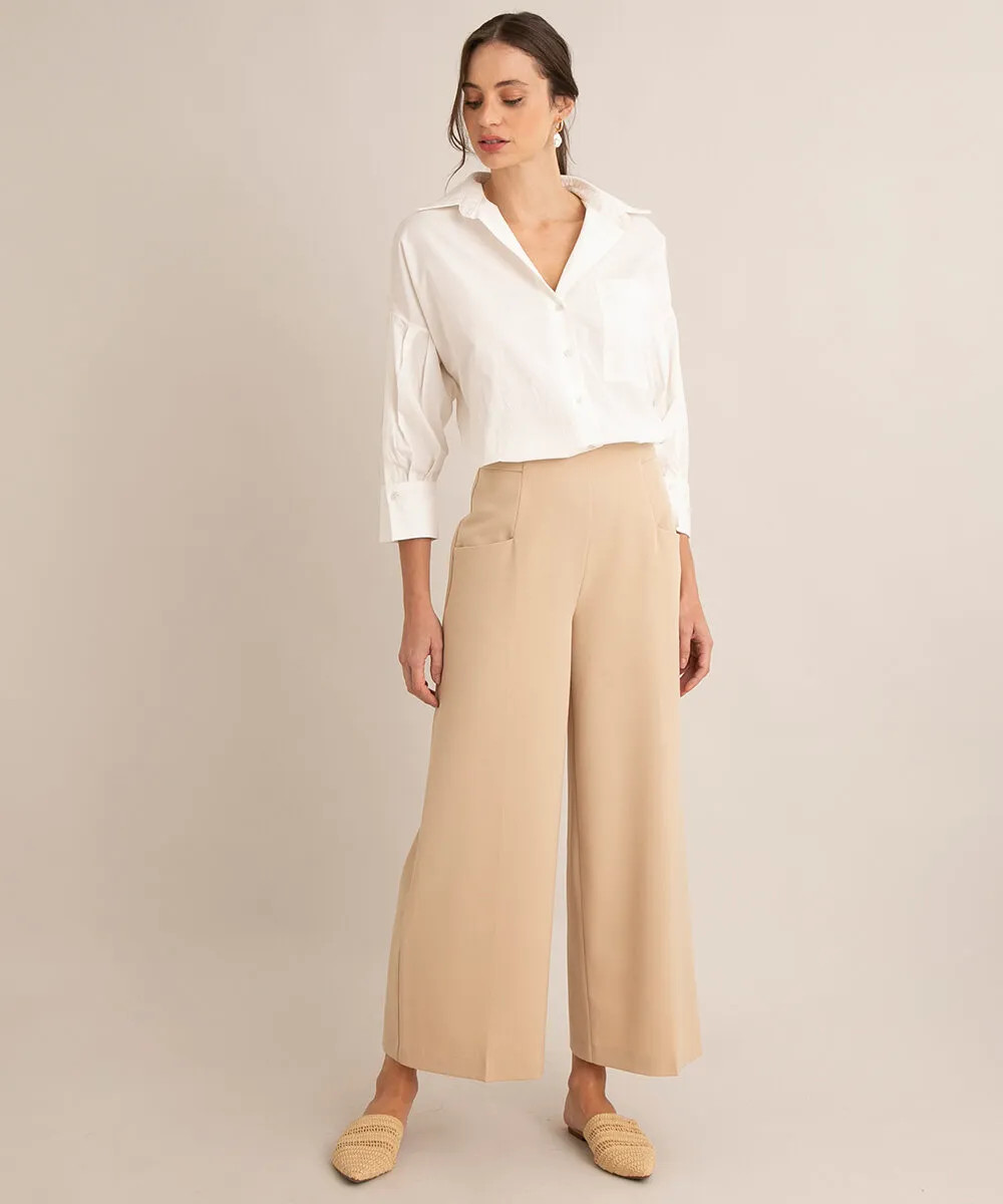 calça pantacourt alfaiataria com bolso cintura super alta bege | C&A (BR)