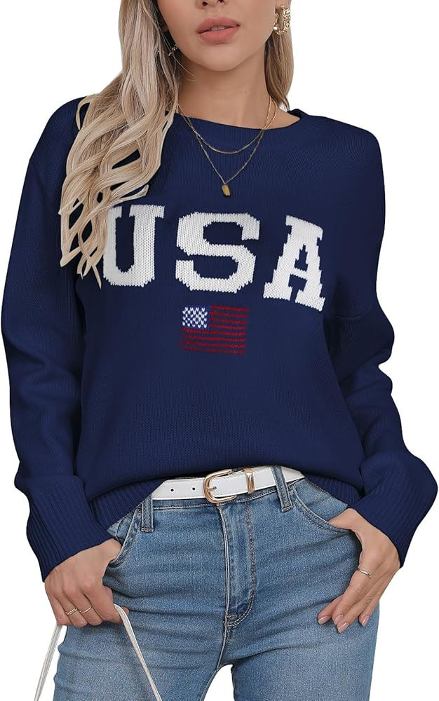 Womens American Flag Sweater Long Sleeve Crew Neck Knitted Casual Pullover Sweater | Amazon (US)
