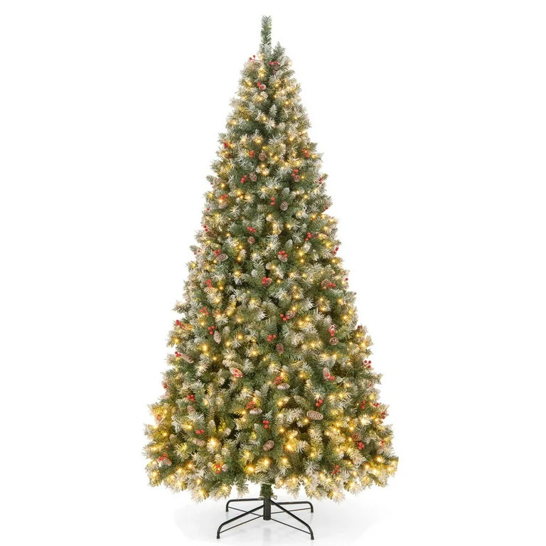 Costway 9 FT Artificial Christmas Tree Hinged with 650 Warm LED Lights & 309 Red Berries | Walmart (US)