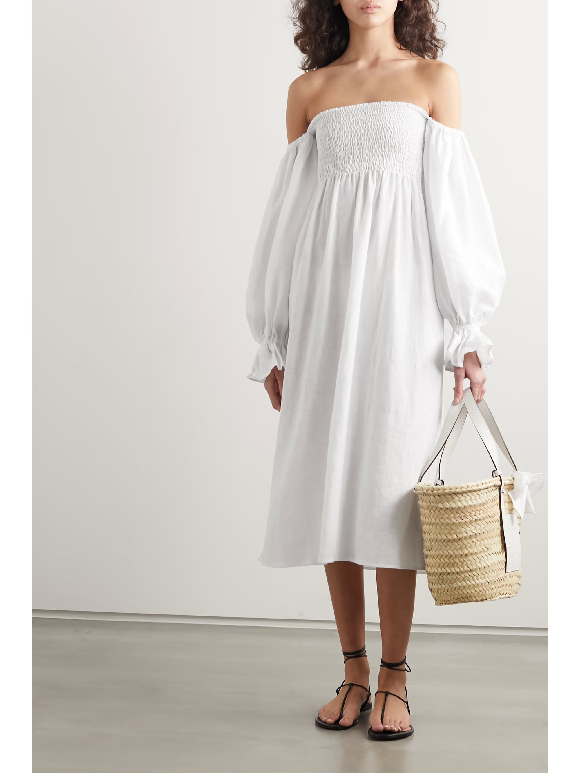 + NET SUSTAIN Atlanta off-the-shoulder shirred linen midi dress | NET-A-PORTER (US)