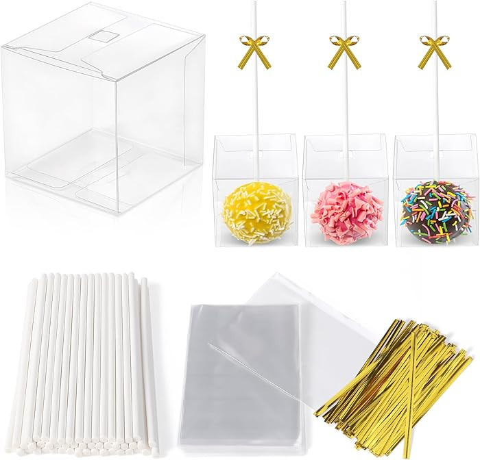 6 Inch Cake Pop Sticks Kit - 2x2x2 Inch Clear Cake Pop Boxes with Hole for Snack Lollipop Treat C... | Amazon (US)