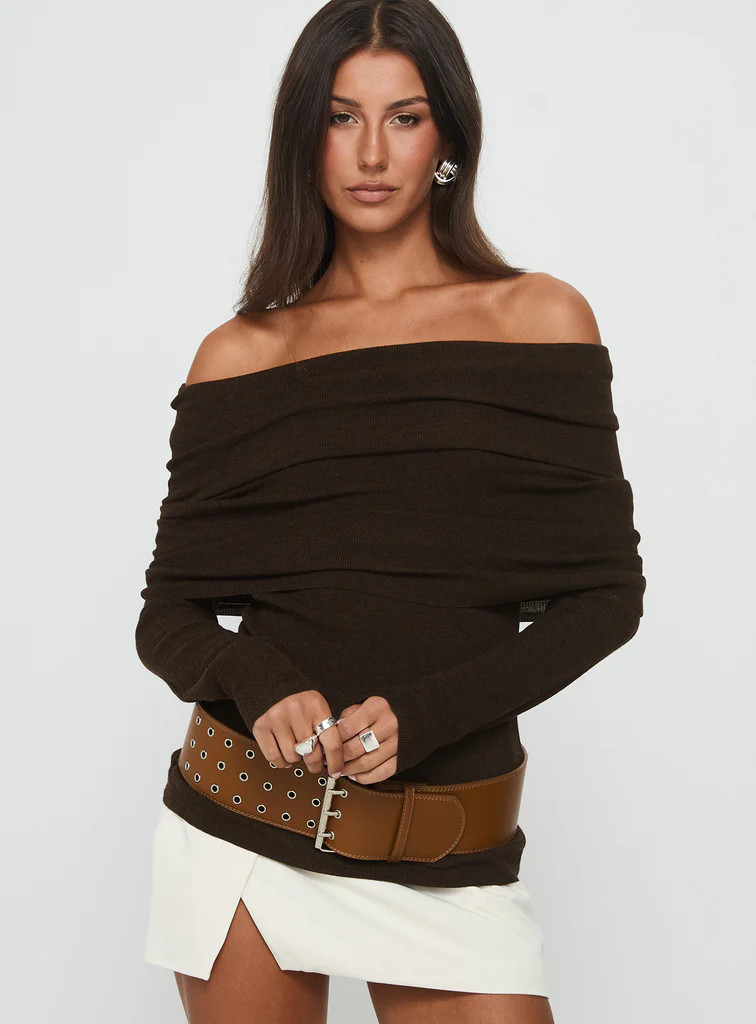 Florrie Off Shoulder Foldover Long Sleeve Top Chocolate | Princess Polly US