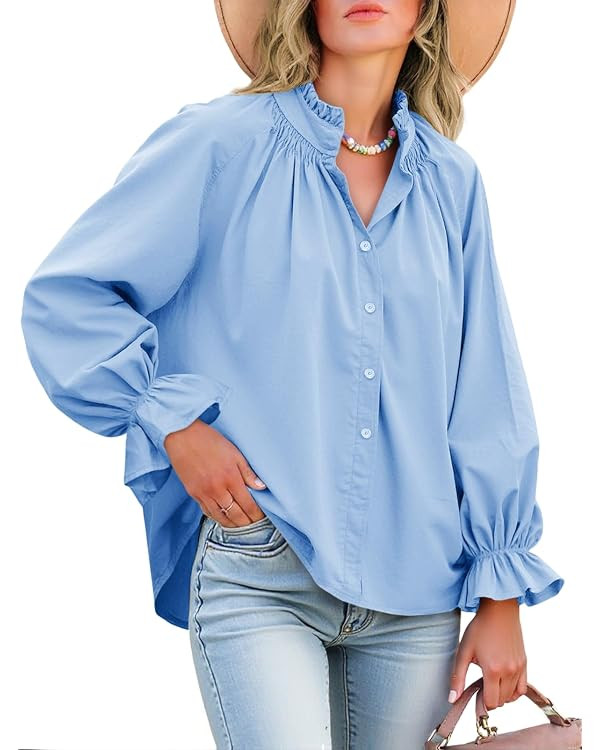 Tankaneo Womens Puff Long Sleeve Button Down Shirts Pleated V Neck Cotton Blouses Loose Fit Casua... | Amazon (US)