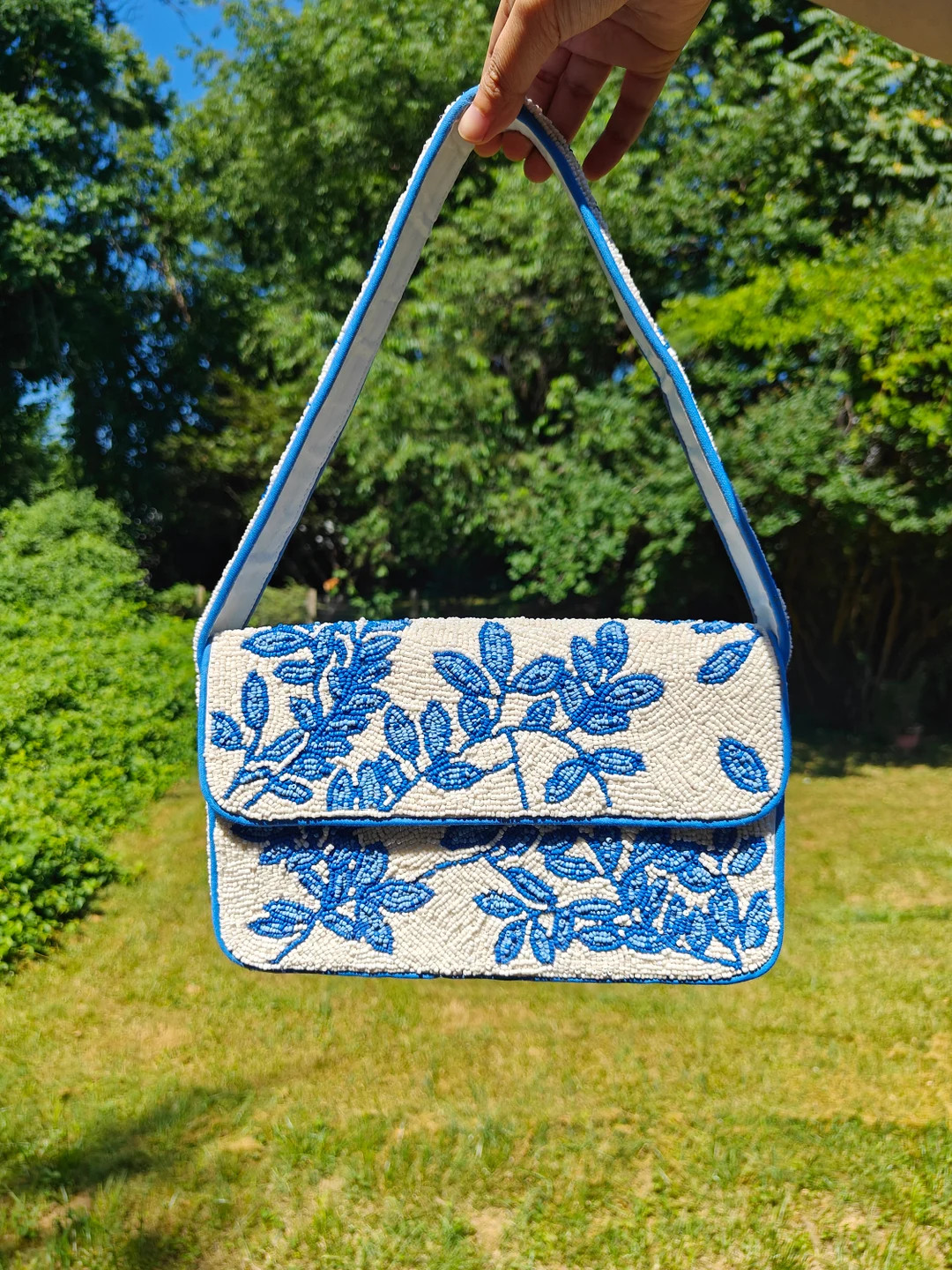 Blue Beaded Bag, Seed Beaded Floral Bag, Shoulder Beaded Bag, Summer Handbag, Gift for Her, Party... | Etsy (US)