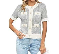 Langwyqu Womens Short Sleeve Button Down Cardigans Sweater Cropped Lightweight Crew Neck Elegant ... | Amazon (US)
