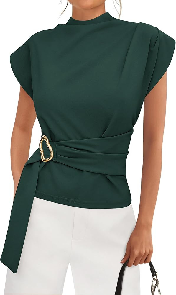 PRETTYGARDEN Women Blouses Spring Dressy Cap Sleeve Mock Neck Work Shirts Buckle Tunic Summer Bus... | Amazon (US)