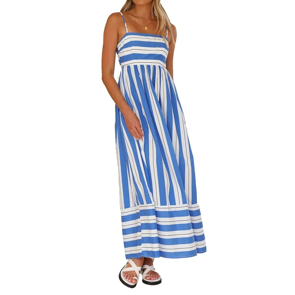 Women Striped Maxi Dress Sleeveless Backless Cutout Smocked Sundress Spaghetti Straps Boho Flowy ... | Amazon (US)