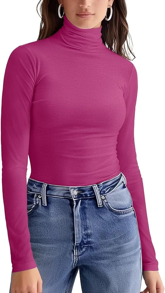Zengjo Turtleneck Shirt Women-Ribbed Long Sleeve Tops Slim Fitted Base Layer Soft Stretch | Amazon (US)