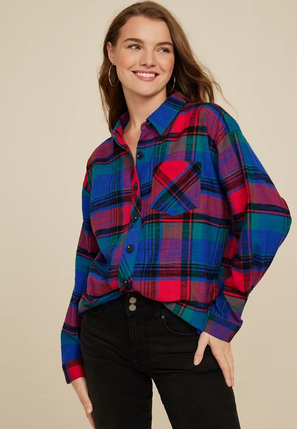 Cabin Plaid Boyfriend Tunic Shirt | Maurices