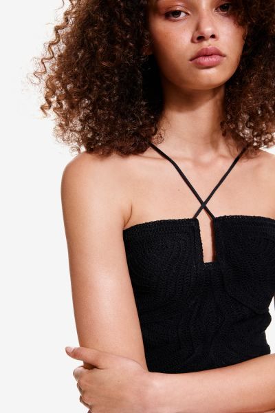 Tie-detail Crochet-look Top - Halterneck - Sleeveless - Light beige - Ladies | H&M US | H&M (US + CA)