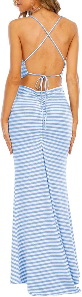 Famulily Women's Sexy Bodycon Backless Striped Long Maxi Dress in Zebra Stripes | Amazon (US)