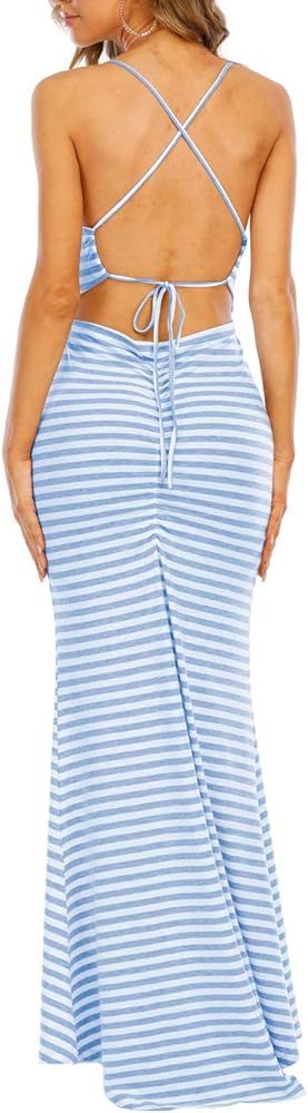 Famulily Women's Sexy Bodycon Backless Striped Long Maxi Dress in Zebra Stripes | Amazon (US)