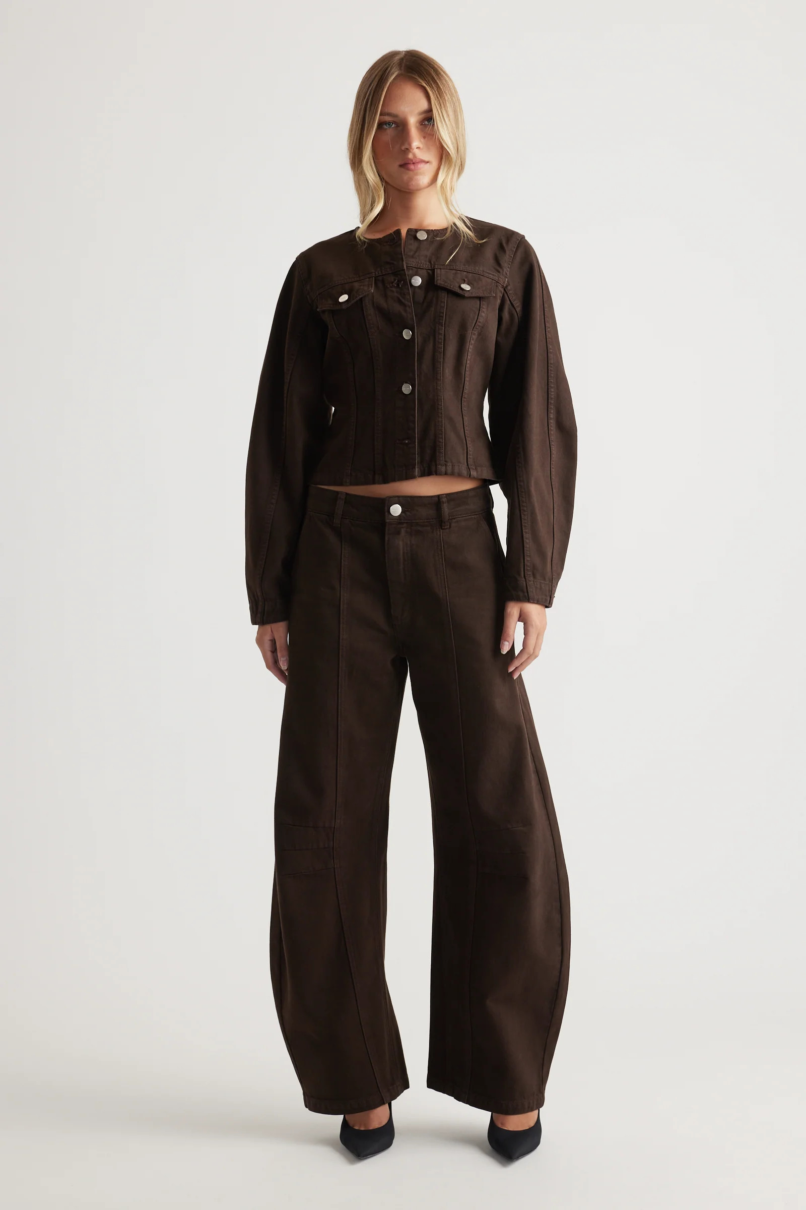 Amaya Barrel Denim Jacket - Truffle Brown | DECJUBA