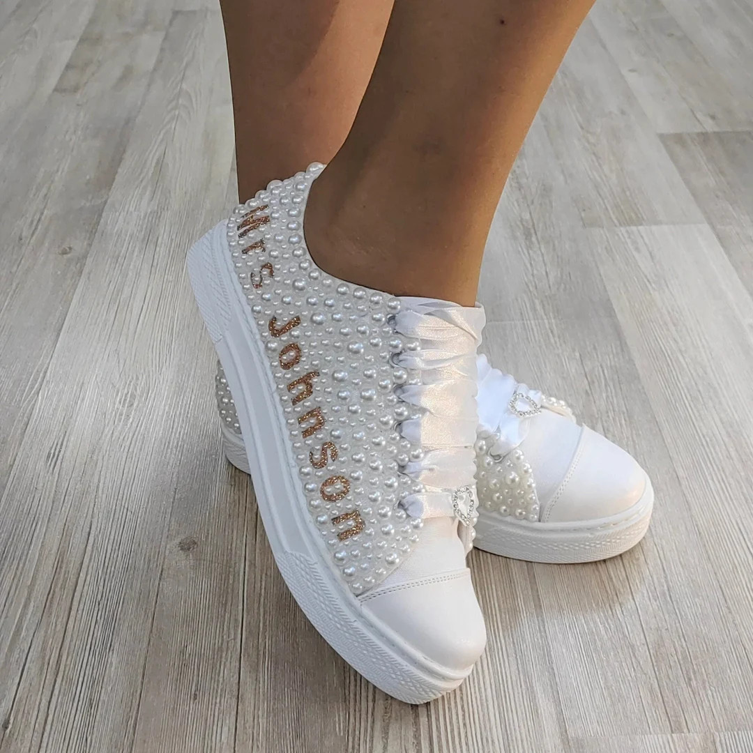 Bridal Shoes, custom white pearls artistic handmade, wedding shoes, custom design Bridal Sneakers... | Etsy (US)