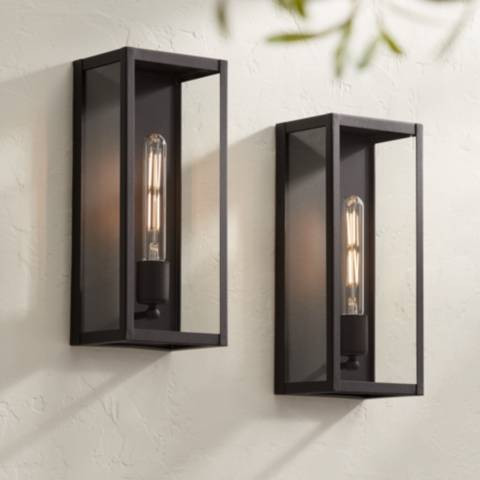Cornell 14 1/4" High Sand Black Box Outdoor Wall Light Set of 2 - #265P8 | Lamps Plus | Lamps Plus