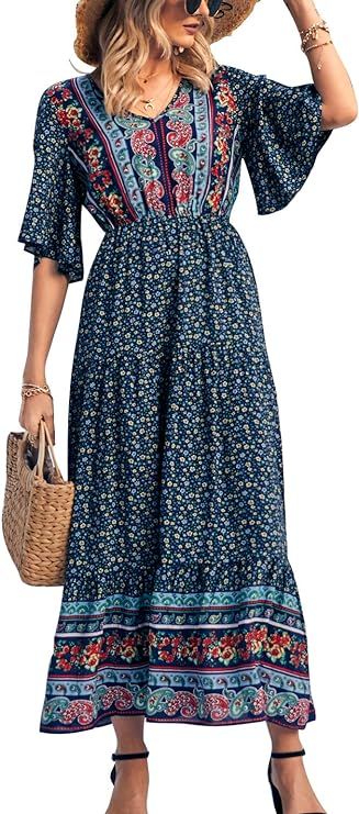 KIRUNDO 2021 Women’s Summer Short Sleeves Maxi Bohemia Dress Sexy V Neck Floral High Waist Flow... | Amazon (US)