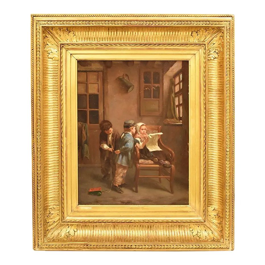 Antique Children Playing Portrait, 19th Century, Oil Painting | Chairish