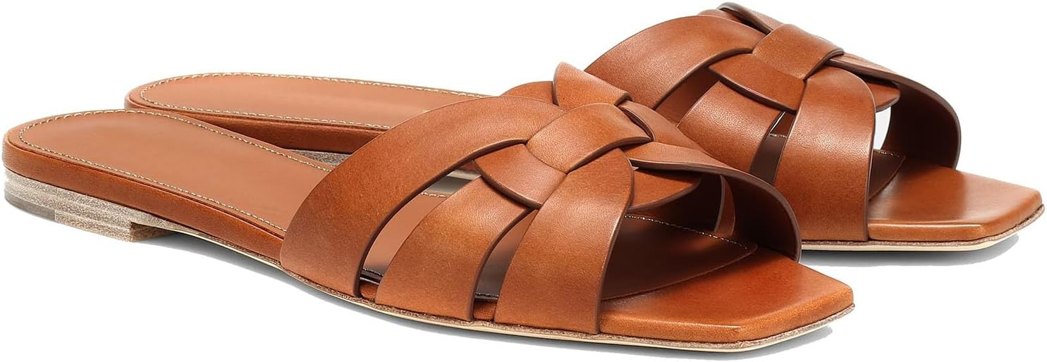 Women's Flat Sandals Square Toe Patent Leather Comfortable Slip on Slippers Casual Summer Dressy Beach Slide Sandals for Women | Amazon (US)