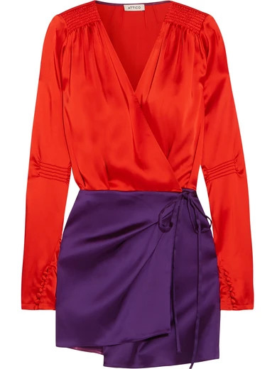 Attico - Smocked Two-tone Satin Wrap Dress - Red | NET-A-PORTER (UK & EU)