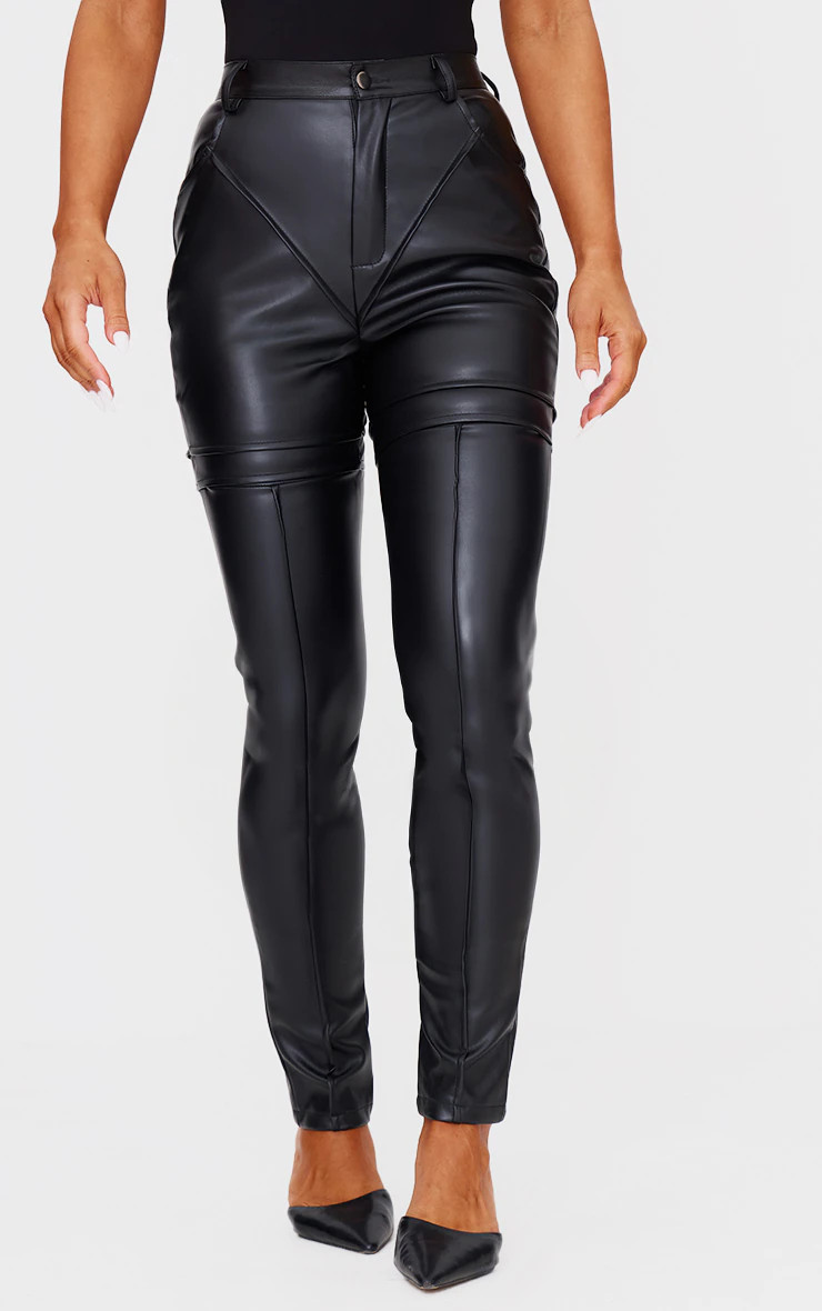 Black Faux Leather Contrast Panels Skinny Pants | Bottoms | PrettyLittleThing US