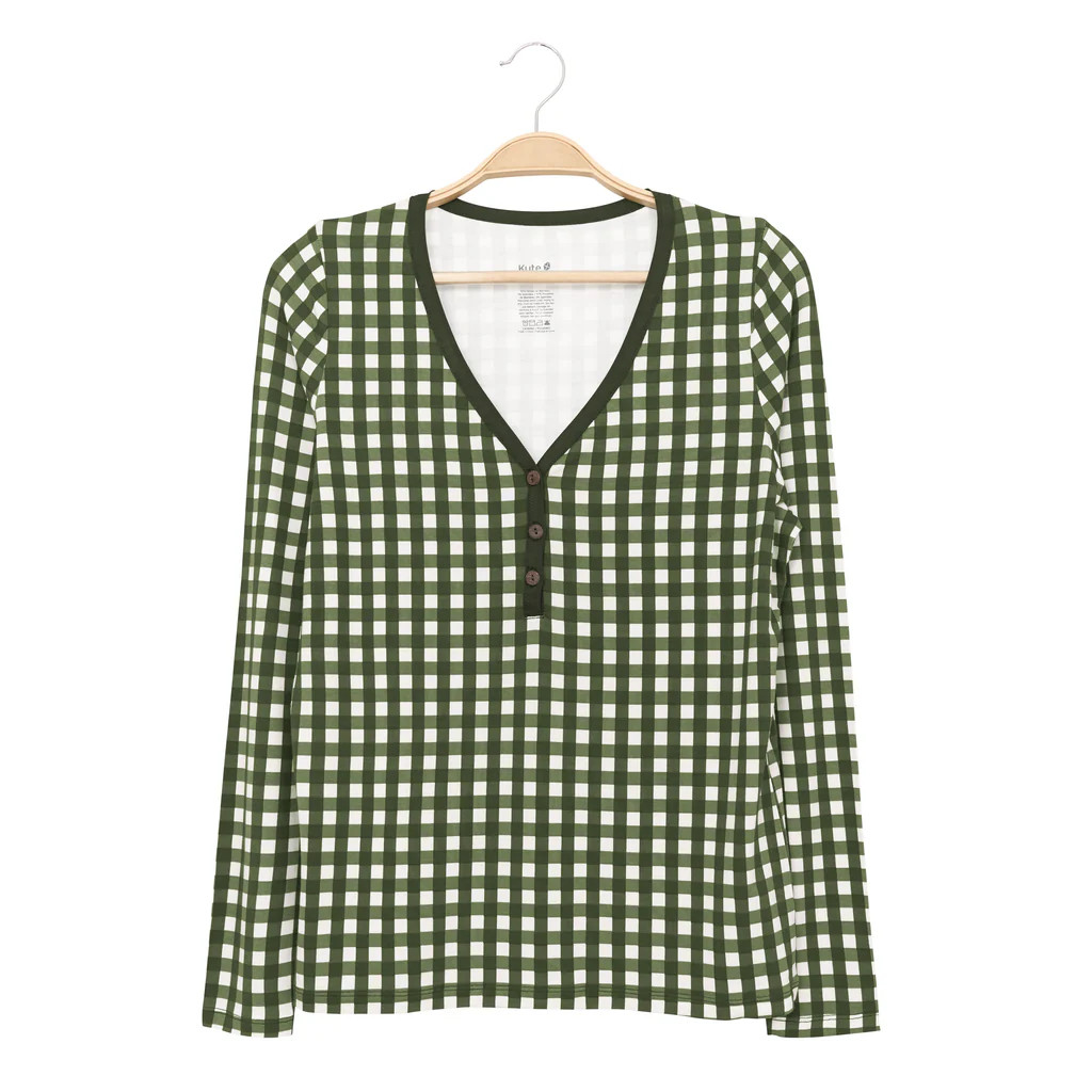 Women's Long Sleeve Henley Tee in Gingham Fir | Kyte Baby