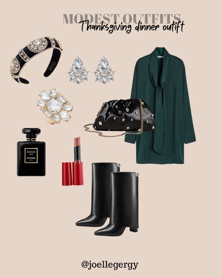 Modest outfits. Thanksgiving dinner outfit. Casual dress. Folded boots. Rhinestone accessories. Nude lipsticks. Chanel perfume  

#LTKstyletip #LTKCyberWeek #LTKHoliday