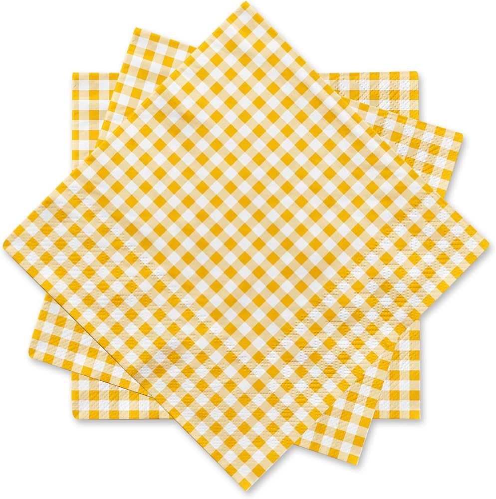 Gatherfun Party Supplies, Disposable Paper Napkins Yellow and White Gingham Napkins for Easter Pa... | Amazon (US)