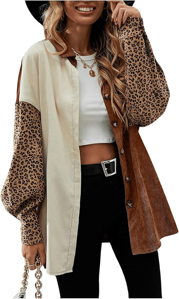 SHENHE Women's Corduroy Leopard Button Down Long Sleeve Shacket Jacket Outwear Coats | Amazon (US)