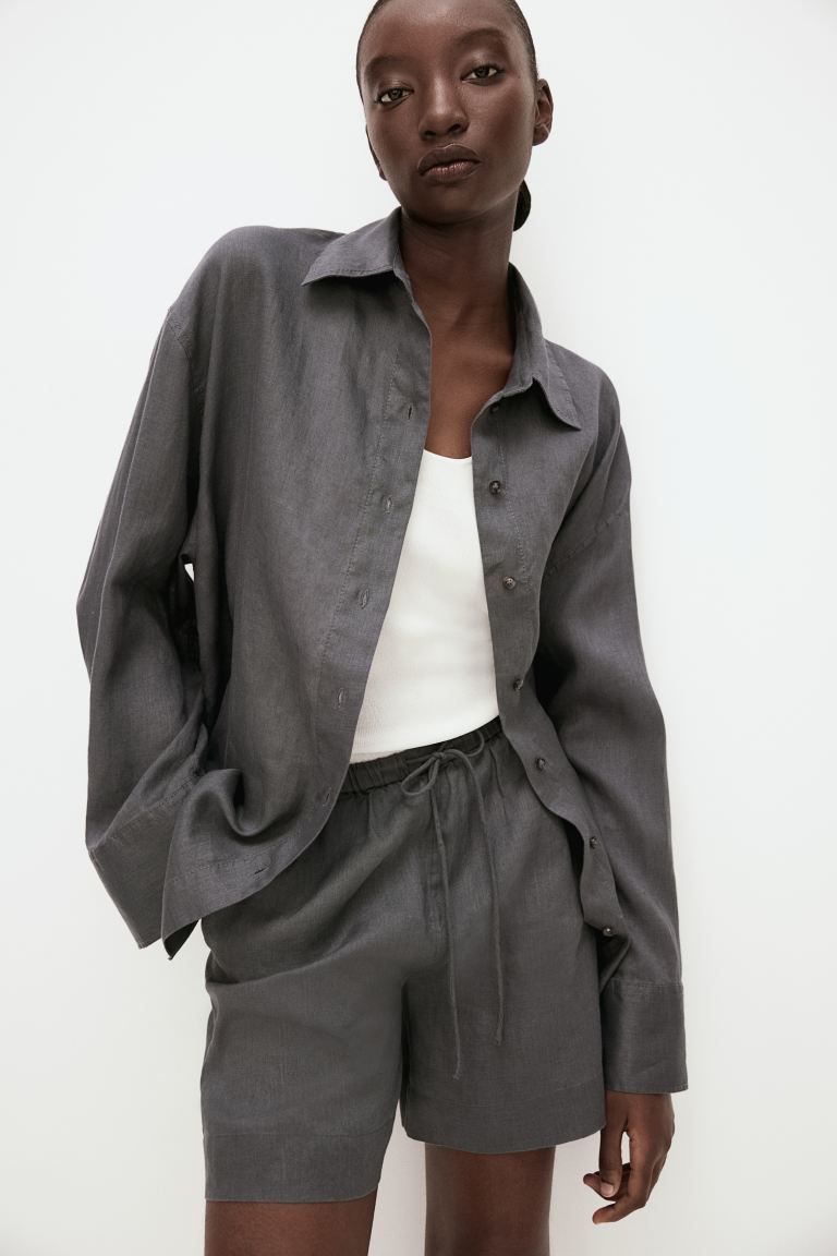 Linen pull-on shorts - Dark grey - Ladies | H&M GB | H&M (UK, MY, IN, SG, PH, TW, HK)