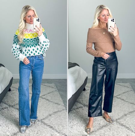 Cozy sweaters from Old Navy! I love the colorful sweater for a ski/winter trip. Off the shoulder sweater for a date night. Faux Leather pants are comfy and a relaxed fit. They also come in an ankle bootcut style! Consider going up a 1/2 size or full size in the silver shoes. 

#LTKHoliday #LTKfindsunder50 #LTKstyletip