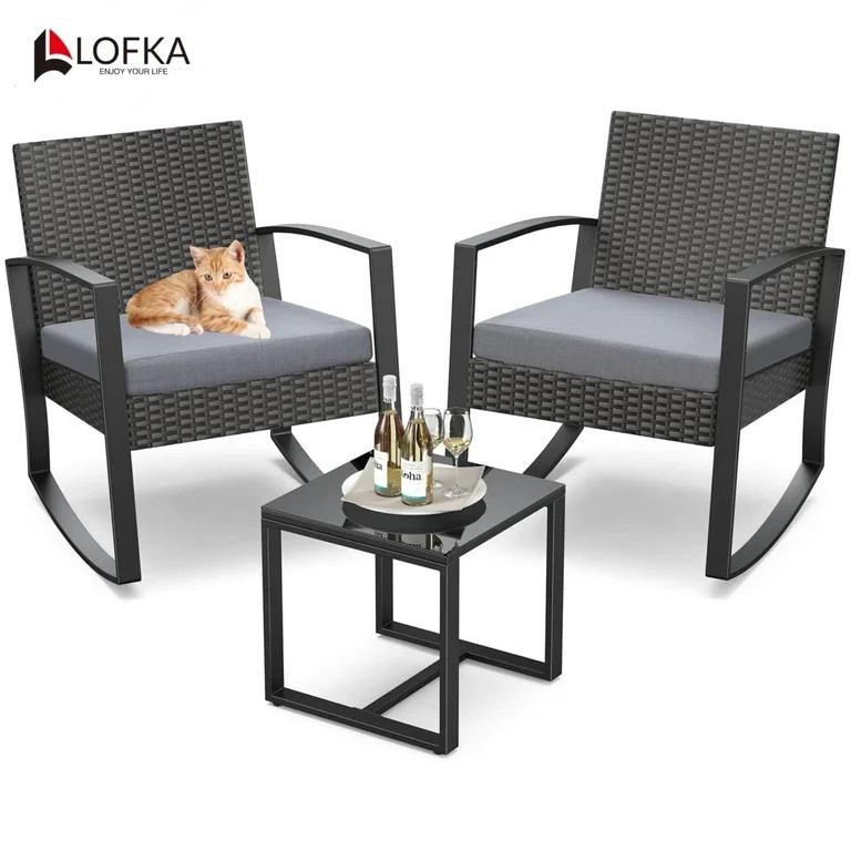 Patio Furniture Set Lofka 3 Pieces Outdoor Rocking Chairs Set with Glass Coffee Table for Garden,... | Walmart (US)