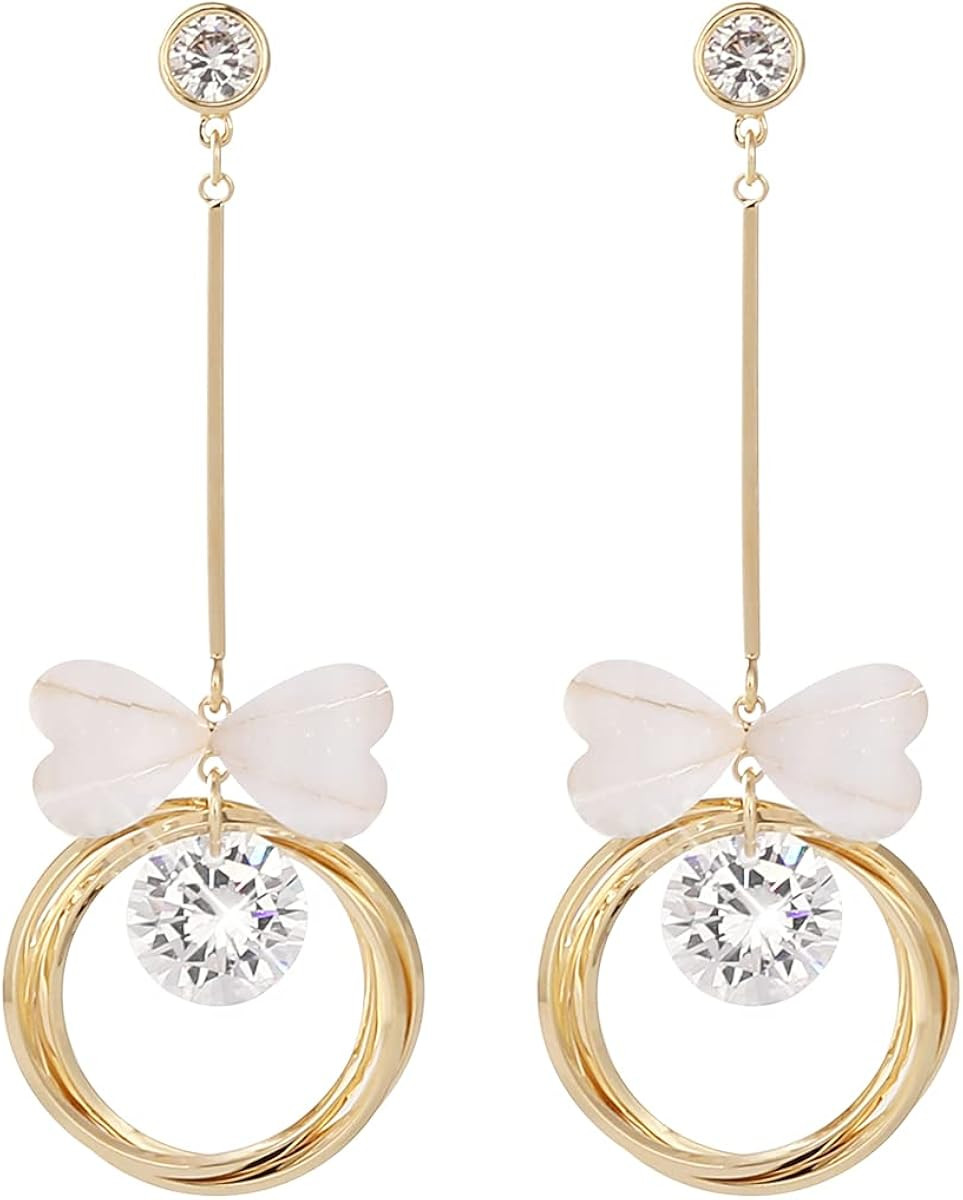EYESHOCK Earrings for Women Girls, Shiny 14k Gold Plated Hoops Drop Dangle Earrings with Bow Tie ... | Amazon (US)