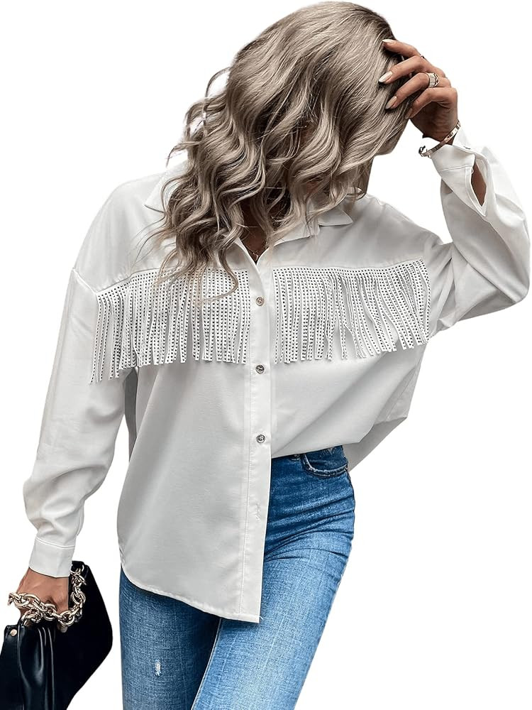 SweatyRocks Women's Long Sleeve Button Front Chiffon Blouse Fringe Trim Shirt Top | Amazon (US)