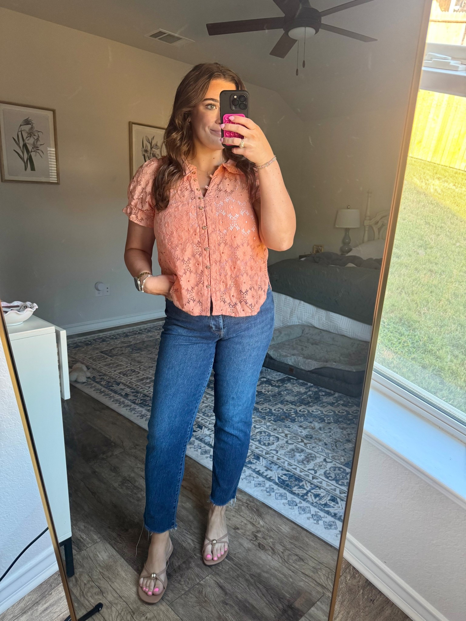 Easy summer outfit 🌸 Lace top + denim = effortless and cute. 
Top-Medium
Jeans-6