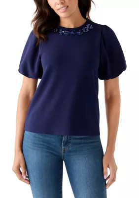 Crown & Ivy Women's Bubble Sleeve Top, Navy Blue, XXL | Belk