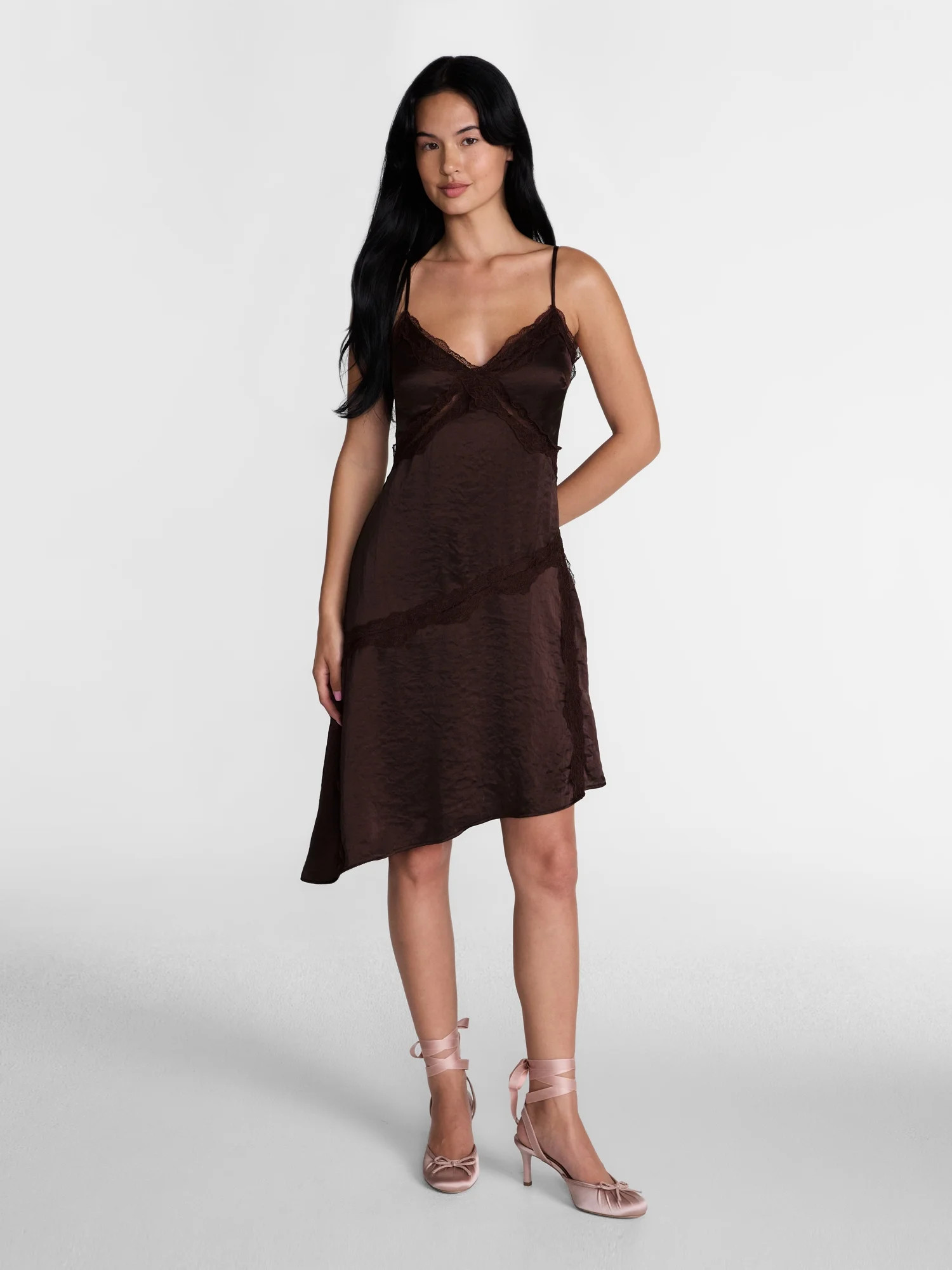 Madden NYC Women’s Lace Trim Satin Slip Dress with Asymmetrical Hem, Sizes XXS-XXL | Walmart (US)
