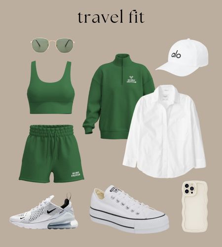 Comfy outfit for traveling — the green sweat set is going to be my traveling staple! Linking the best crossbody bag below