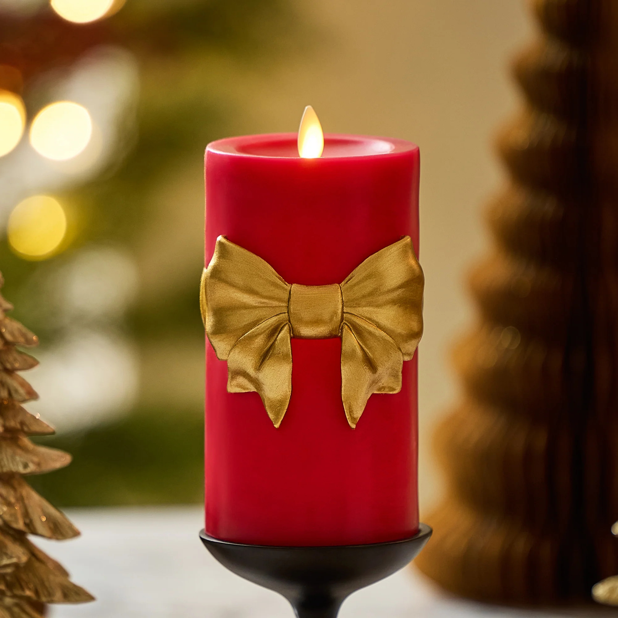 Holiday Red with Gold Bow Flameless Candle Pillar | Luminara