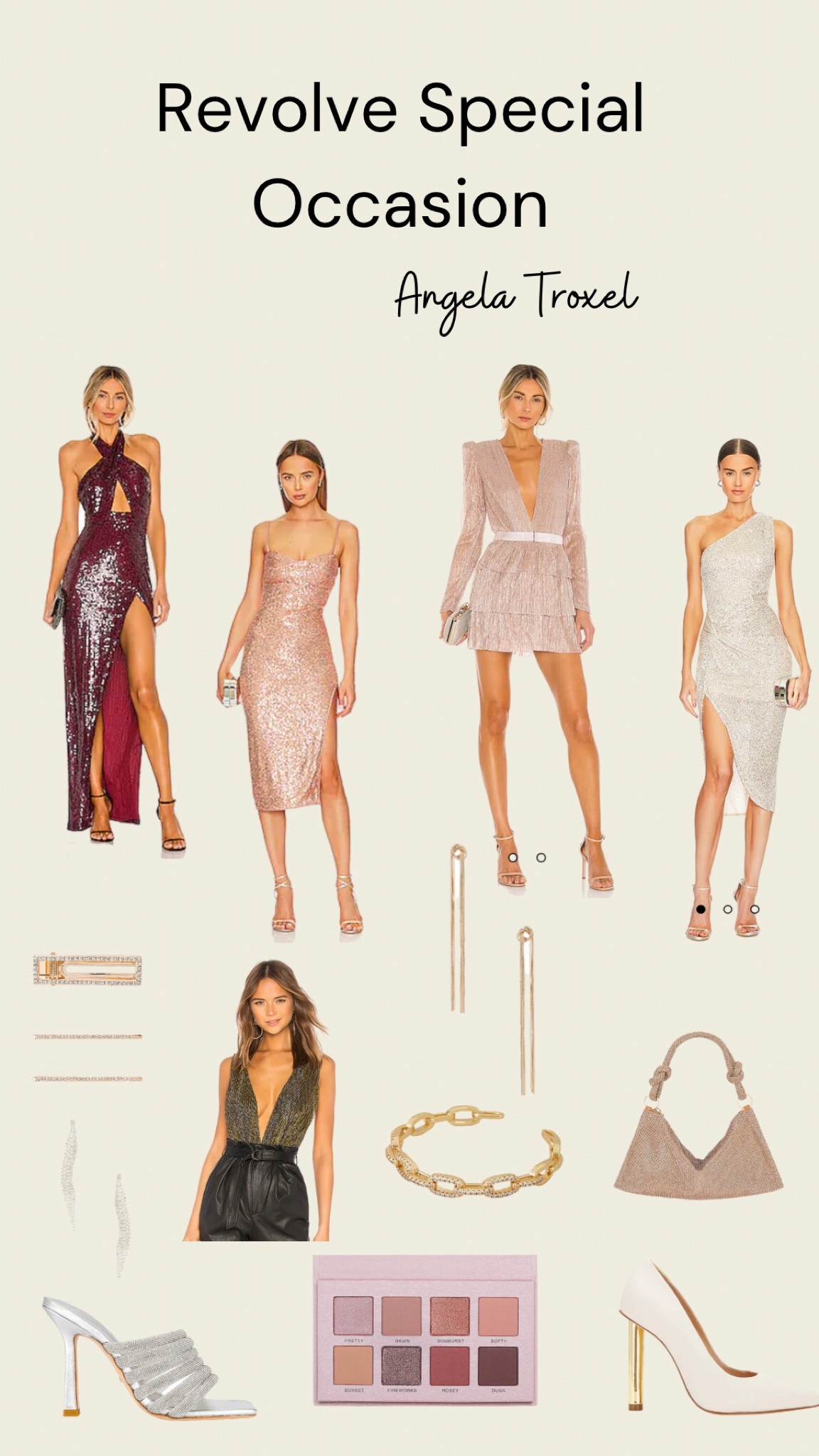Revolve dresses. Sequin, pink, black, green, white, cream dress, long sleeve dress, bodysuit, skirt, maxi, low plunging dress. Jewelry, clutch, purse, make up, hair clips, earrings. Date night, going out, party, special occasion.

#LTKHoliday #LTKstyletip #LTKunder100