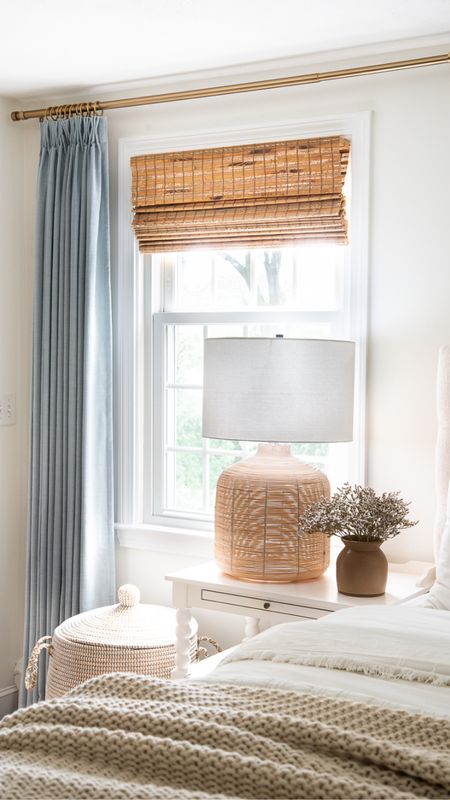 Spruce up your bedroom with new blue curtains, wicker shades and lamps, side table, new throw blanket and bedding. Fall coastal style. Home decor. 

#LTKfamily #LTKhome