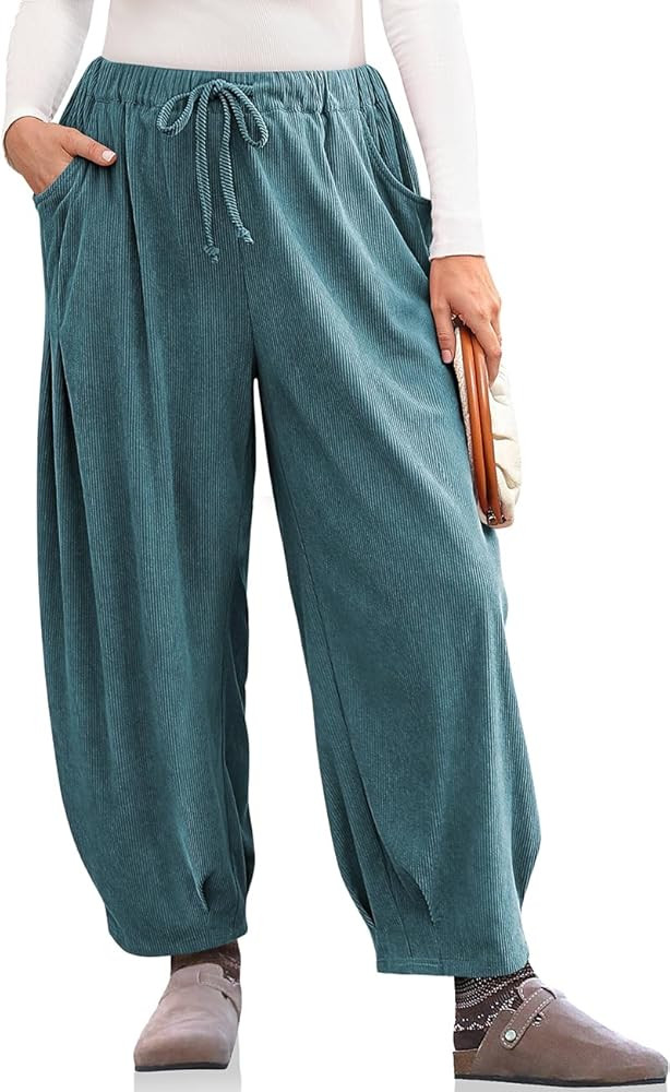 TARSE Womens Baggy Wide Leg Pants Corduroy Casual Drawstring Waist Palazzo Harem Pants with Pocke... | Amazon (US)